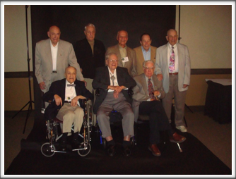 Kriegies back row l-r:  Sid Thal, Ray Klinkenborg, George Rosenthal, Bob O’Neill, George Myron.  Seated front l-r:  “Doc” DiFrancesco, Herm Littman, Bob Thompson
