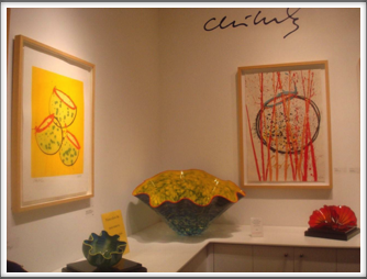 Chihuly Museum - paintings and glasswork on display in the museum lobby