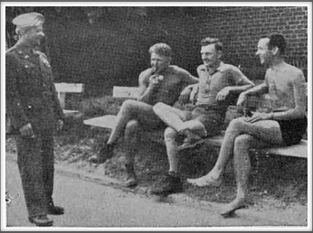 Red Cross Bulletin
Kriegies in leisure conversation -
Colonel Thomas Drake, Capt. Francis Smith, Lt. William Fabian, Lt. Joseph Green