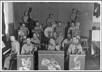 August ’43 - The Orchestra
Top row l-r: J. Barker, K. Goddard, R. Lobb, Third row l-r: B. Rankin, T. Holt, D. Waful, R. Chappell, Second row l-r: G. Oughton, G. Lucey, I. Yarock, First row l-r: Piano-T. A. Mitchell, J. Friedman, L. Wilcox, T. Pawloski
