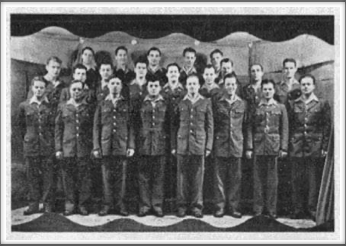 Glee Club l-r:  Front Row - Sharpe, Johnson, Jones, Bolten, Carlson, Waful, Cipriani, Ford (director). 2nd Row - Carpenter, Willis, Thal, Holt, Holder, Stetson, Truett, Fraser, Campbell. 3rd Row - Hooker, Maxwell, Farber, Davis, Fabian.  If you have an original of this photo, please contact us.