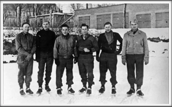 Oflag 64 Ice Skaters  - 
l-r:  Harry Frazee, William Guest, Jr.,  John Creech, William Burghardt, Gaither Perry, Jr., Fay M. Straight