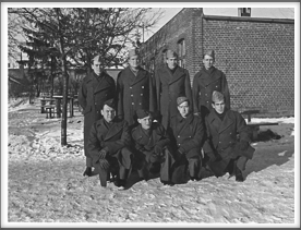 Front l-r: Amon Carter, George "Stud" Beasley, Bob Bonomi, Ralph 
Crawford; Back l-r: Lloyd Warren, Ed Batte, Robert Keith, Andy Krepela.  Mess Group; #1, ate together daily for 17 months.